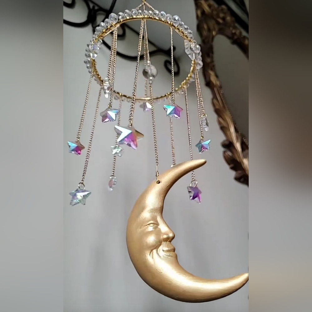 Gold Crescent Moon Hanging Mobile with Iridescent Star Charms